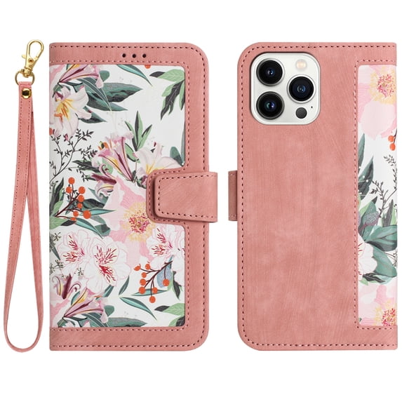 TECH CIRCLE Classic Flower Case for iPhone 16 Plus 6.7" 2024, PU Leather Protective Lightweight Wallet Phone Case with Card Slots Shoulder Wrist Strap Fold Stand Portable Girl Cover,Pink