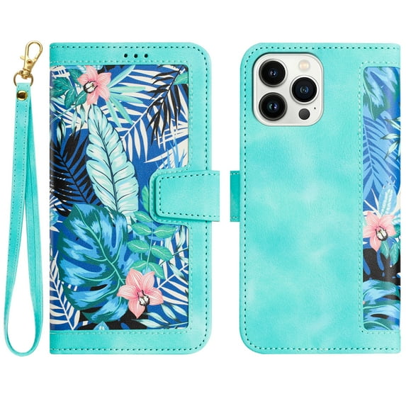 TECH CIRCLE Classic Flower Case for iPhone 16 Pro 6.3" 2024, PU Leather Protective Lightweight Wallet Phone Case with Card Slots Shoulder Wrist Strap Fold Stand Portable Girl Cover,Green