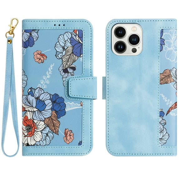 TECH CIRCLE Classic Flower Case for iPhone 16 Pro 6.3" 2024, PU Leather Protective Lightweight Wallet Phone Case with Card Slots Shoulder Wrist Strap Fold Stand Portable Girl Cover,Blue
