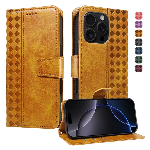TECH CIRCLE Classic PU Leather Flip Wallet Case for iPhone 16 (6.1", 2024), with 3 Card Slots, Cash Pocket, Stand Function, Detachable Wrist Strap, Shockproof Protective Cover, Yellow