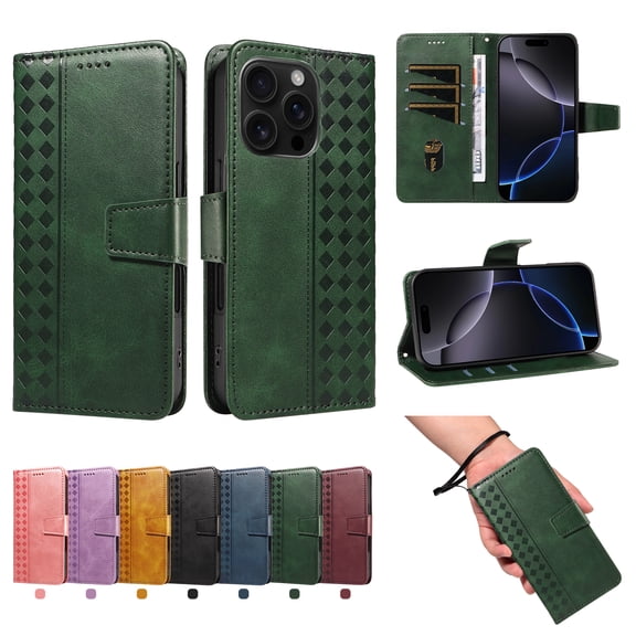 TECH CIRCLE Classic PU Leather Flip Wallet Case for iPhone 16 (6.1", 2024), with 3 Card Slots, Cash Pocket, Stand Function, Detachable Wrist Strap, Shockproof Protective Cover, Darkgreen