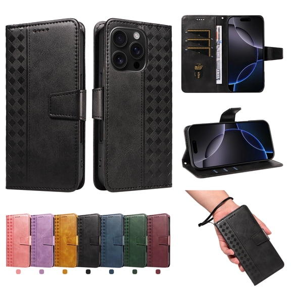 TECH CIRCLE Classic PU Leather Flip Wallet Case for iPhone 16e (6.1", 2025), with 3 Card Slots, Cash Pocket, Stand Function, Detachable Wrist Strap, Shockproof Protective Cover, Black