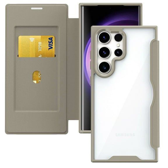 TECH CIRCLE Clear Case For Galaxy S23,Classic Slim Thin Premium PU Leather Folio Flip Case with Card Slot Clear Soft TPU Back Shockproof Cover for Samsung Galaxy S23 6.1" 2023,Khaki