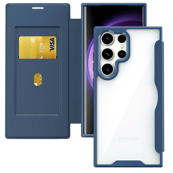 TECH CIRCLE Clear Case For Galaxy S24+,Classic Slim Thin Premium PU Leather Folio Flip Case with Card Slot Clear Soft TPU Back Shockproof Cover for Samsung Galaxy S24 Plus 6.6" 2024,Blue