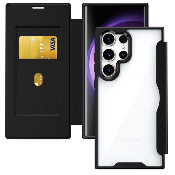 TECH CIRCLE Clear Case For Galaxy S24,Classic Slim Thin Premium PU Leather Folio Flip Case with Card Slot Clear Soft TPU Back Shockproof Cover for Samsung Galaxy S24 6.1" 2024,Black