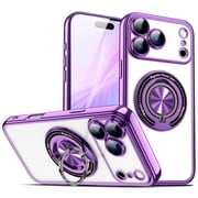 TECH CIRCLE Clear Magnetic Phone Case for iPhone 15 Plus with Finger Ring Kickstand / Camera Lens Protective Film, Compatible with MagSafe/Magnetic Accessories, Lightweight Slim TPU Cover, Purple