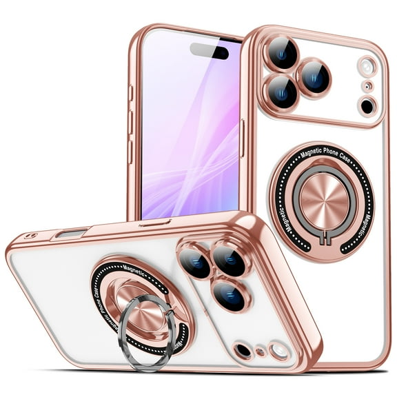 TECH CIRCLE Clear Magnetic Phone Case for iPhone 15 with Ring Kickstand / Camera Lens Protective Film, Compatible with MagSafe/Magnetic Accessories, Lightweight Slim TPU Cover, Rosegold