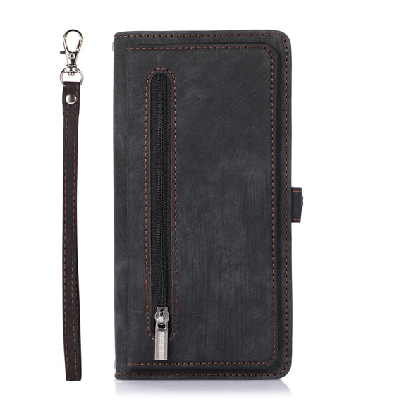 TECH CIRCLE Compatible Case For iPhone 13 Pro,Shockproof Magnetic Luxury Retro PU Leather Flip Zipper Wallet Stand with Wrist Strap Cover.For iPhone 13 Pro,Black