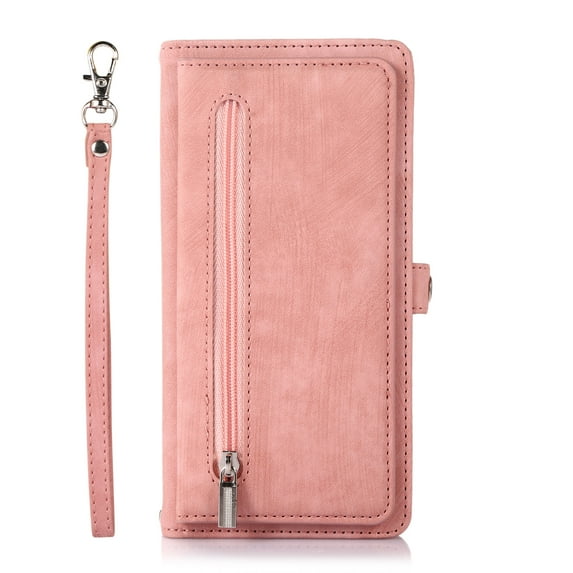 TECH CIRCLE Compatible Case For iPhone 13 Pro,Shockproof Magnetic Luxury Retro PU Leather Flip Zipper Wallet Stand with Wrist Strap Cover.For iPhone 13 Pro,Rosegold