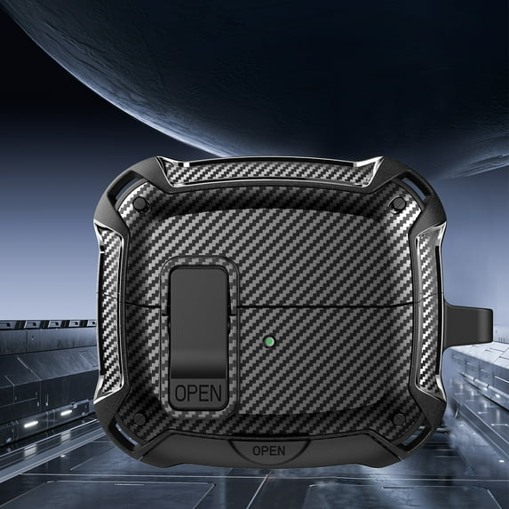 TECH CIRCLE Compatible with Samsung Galaxy Buds3/Galaxy Buds3 Pro(2024) Lock Case with Keychain+Secure Lock, Carbon Fiber Military Shockproof Protective Cover for Woman Man,Black