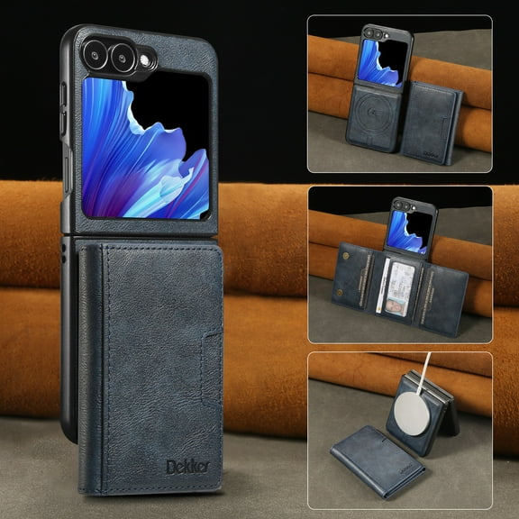 TECH CIRCLE Compatible with Samsung Galaxy Z Flip 6 Detachable Wallet Case Leather Magnetic Flip Cover RFID Blocking Card Holder Stand 【Compatible with Magsafe】 Shockproof Cover,Blue