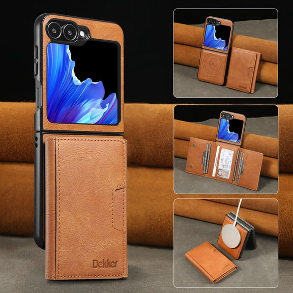 TECH CIRCLE Compatible with Samsung Galaxy Z Flip 6 Detachable Wallet Case Leather Magnetic Flip Cover RFID Blocking Card Holder Stand 【Compatible with Magsafe】 Shockproof Cover,Brown