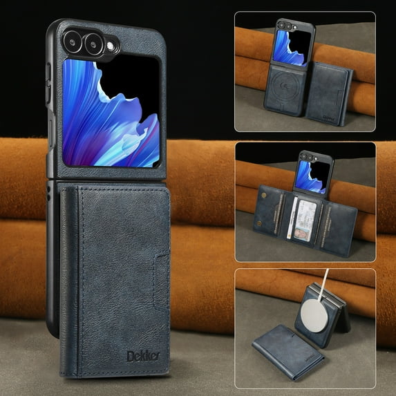 TECH CIRCLE Compatible with Samsung Galaxy Z Flip 7 Detachable Wallet Case Leather Magnetic Flip Cover RFID Blocking Card Holder Stand 【Compatible with Magsafe】 Shockproof Cover,Blue