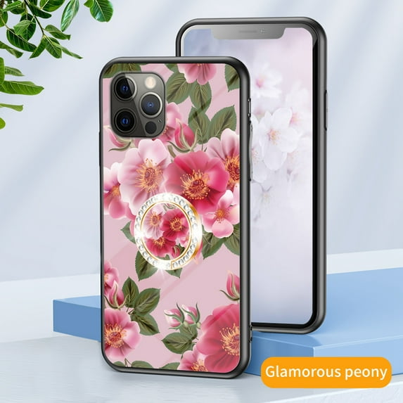 TECH CIRCLE Compatible with iPhone 11 Pro Case, Shockproof Girls Women Drop Protective Flower Pattern Glass Back Cover With Diamond Ring Kickstand For iPhone 11 Pro Case, Glamorous peony