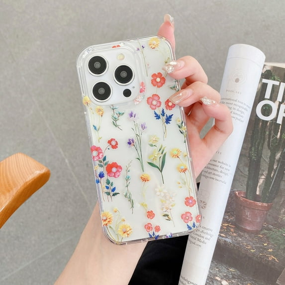 TECH CIRCLE Compatible with iPhone 15 Clear Hybrid Case with Design Flexible Soft TPU Shockproof Absorption Slim Cute Flower Floral Embossed Pattern Protective Back Cover for Women Men,C
