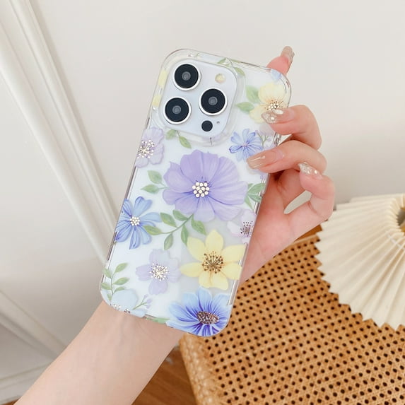 TECH CIRCLE Compatible with iPhone 15 Pro Max Clear Hybrid Case with Design Flexible Soft TPU Shockproof Absorption Slim Cute Flower Floral Embossed Pattern Protective Back Cover for Women Men,F