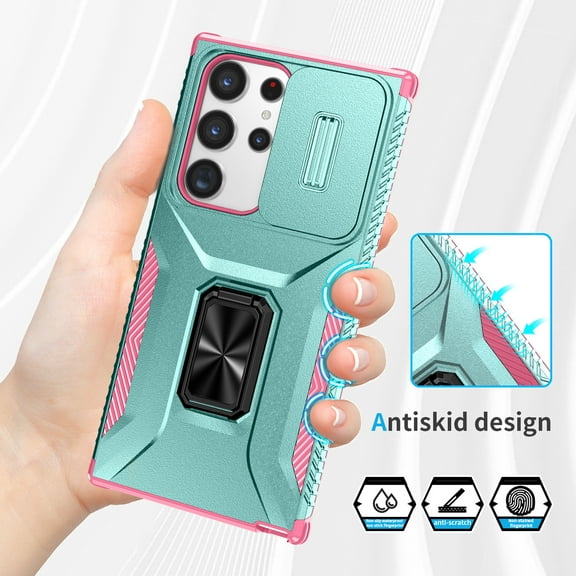 TECH CIRCLE Cool Case for Galaxy S23 Ultra (6.8") 2023 - Protective Shockproof Case with [Kickstand /Phone Ring Holder] [Sliding Cover for Camera Protection] Sturdy Hard Plastic Shell Cover, Green