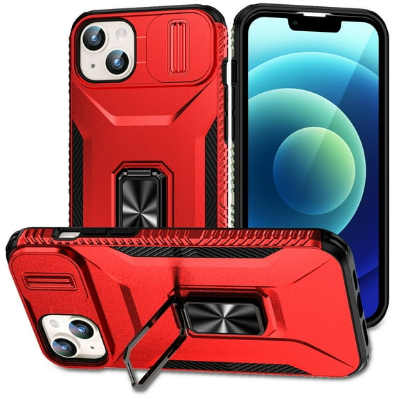 TECH CIRCLE Cool Case for iPhone 15 Plus (6.7") 2023 - Protective Shockproof Case with [Kickstand /Phone Ring Holder] [Sliding Cover for Camera Protection] Sturdy Hard Plastic Shell Cover, Red