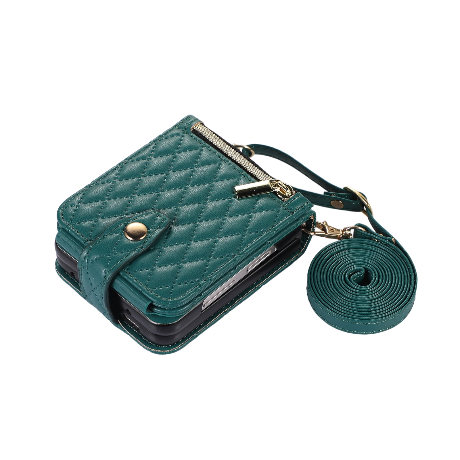 TECH CIRCLE Cover for Samsung Galaxy Z Flip5 Case with Shoulder Strap+Wristlet, Elegant Phone Handbag Design Multiple Card Slots Pocket Wallet Case for Galaxy Z Flip 5 Full Protective Shell-Dark Green