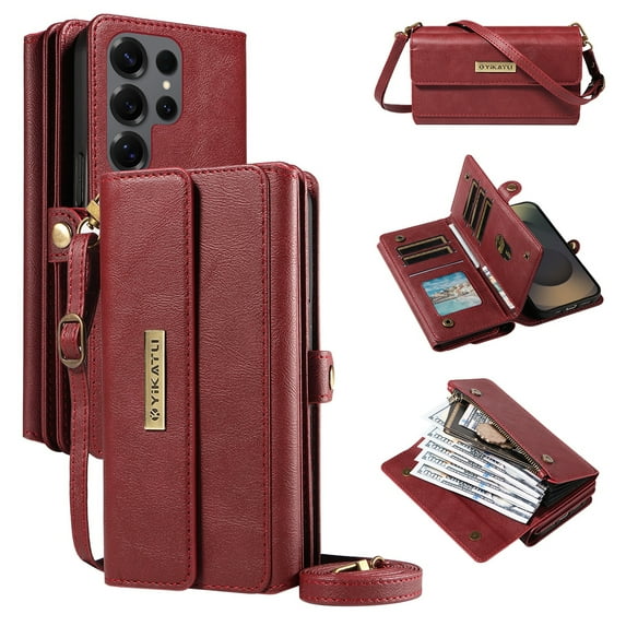 TECH CIRCLE Crossbody Phone Case for Galaxy S22 Ultra with Flip Wallet, RFID Blocking, Compatible with Wireless Charging, PU Leather Heavy-Duty Protective Fold Stand Case, Red