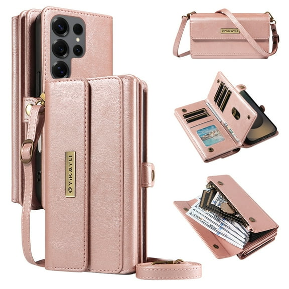 TECH CIRCLE Crossbody Phone Case for Galaxy S24 Ultra with Flip Wallet, RFID Blocking, Compatible with Wireless Charging, PU Leather Heavy-Duty Protective Fold Stand Case, Rosegold