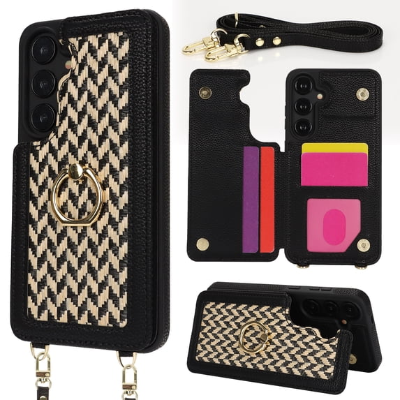TECH CIRCLE Crossbody Phone Case for Galaxy S25 Ultra (6.9") 2025 Release, Built-in Grip Ring Holder, Flip Wallet Case with 4 Card Slots, Lightweight Protective Slim Case with Shoulder Strap, Black