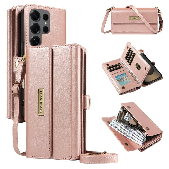 TECH CIRCLE Crossbody Phone Case for Galaxy S25 Ultra with Flip Wallet, RFID Blocking, Compatible with Wireless Charging, PU Leather Heavy-Duty Protective Fold Stand Case, Rosegold