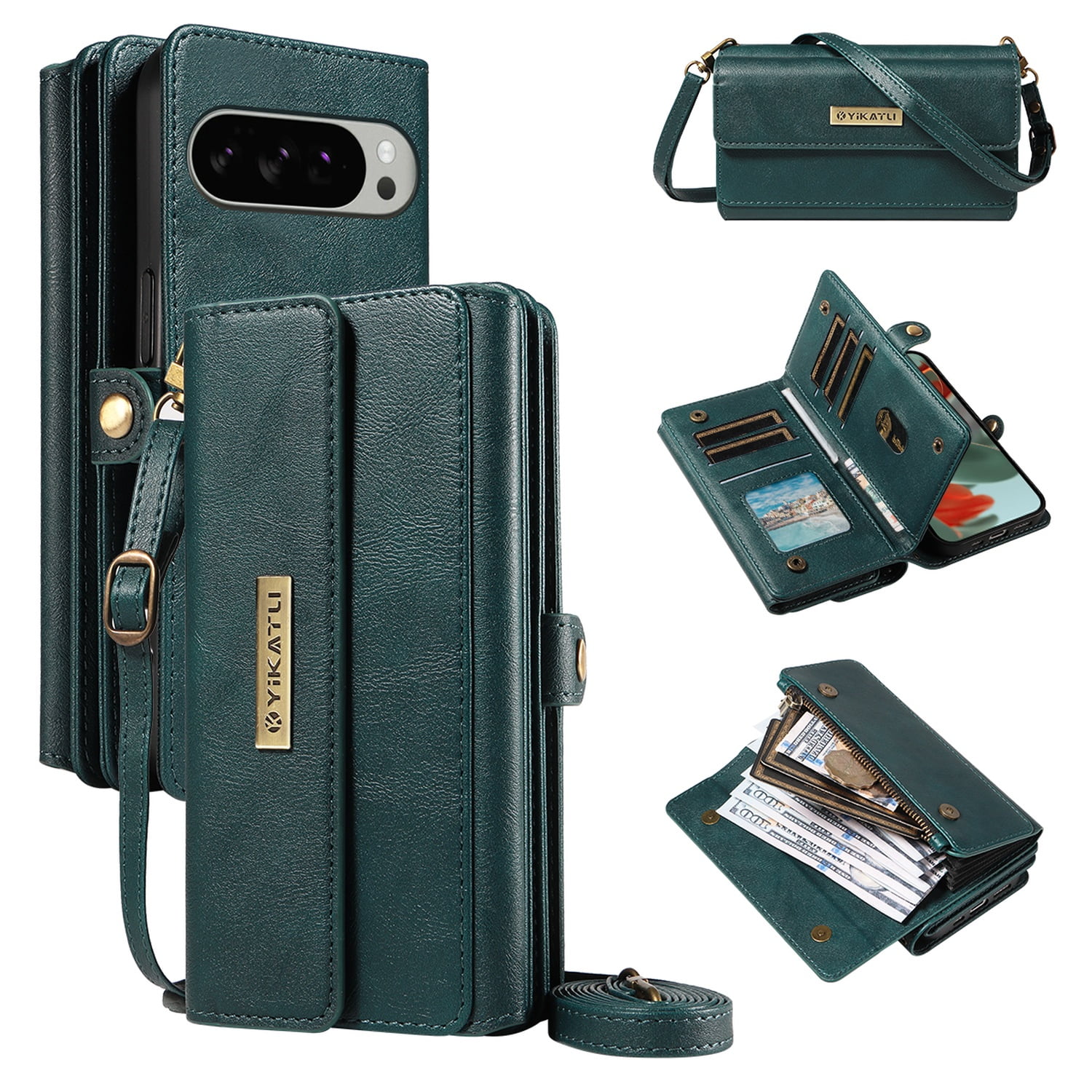 TECH CIRCLE Crossbody Phone Case for Google Pixel 8 with Flip Wallet, RFID Blocking, Compatible with Wireless Charging, PU Leather Heavy-Duty Protective Fold Stand Case, Green