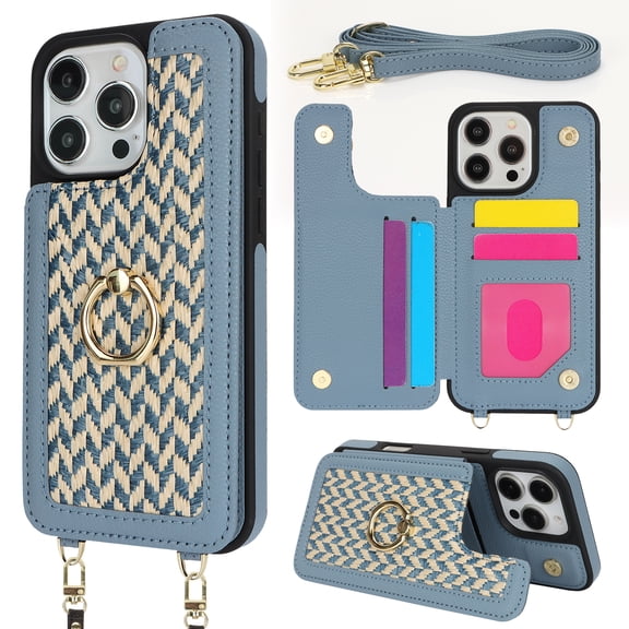 TECH CIRCLE Crossbody Phone Case for iPhone 13 Pro (6.1") 2021 Release, Built-in Grip Ring Holder, Flip Wallet Case with 4 Card Slots, Lightweight Protective Slim Case with Shoulder Strap, Blue