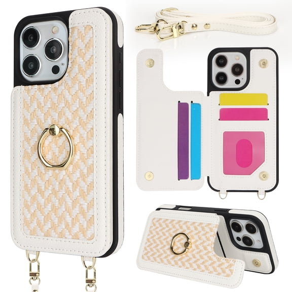 TECH CIRCLE Crossbody Phone Case for iPhone 15 Pro Max (6.7") 2023 Release, Built-in Grip Ring Holder, Flip Wallet Case with 4 Card Slots, Lightweight Protective Slim Case with Shoulder Strap, White