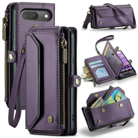 TECH CIRCLE Crossbody Wallet Case Compatible with Google Pixel 9/9 Pro RFID Blocking 7-Card Holder Soft PU Leather Magnetic Snap Shoulder Strap Zipper Phone Case,Purple