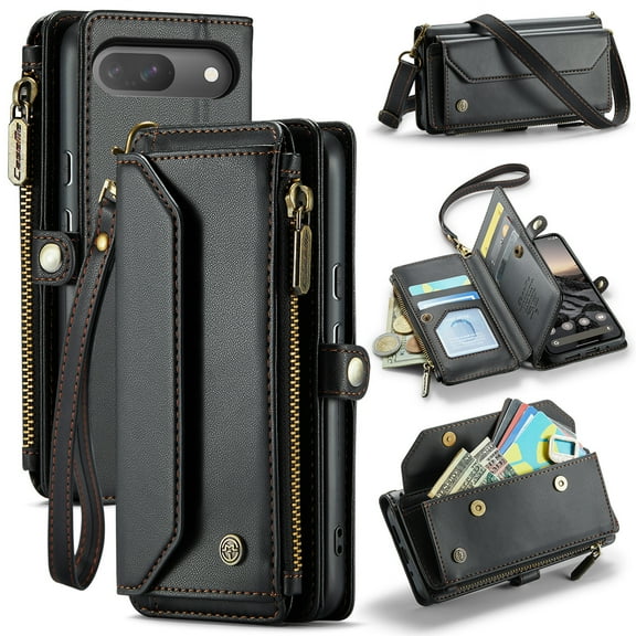 TECH CIRCLE Crossbody Wallet Case Compatible with Google Pixel 9/9 Pro RFID Blocking 7-Card Holder Soft PU Leather Magnetic Snap Shoulder Strap Zipper Phone Case,Black