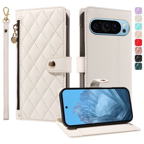 TECH CIRCLE Crossbody Wallet Case for Google Pixel 8A, Elegant PU Leather Zip Pocket Foldable Stand Cover with Lanyard & Shoulder Strap, Card Holder, Shock-Absorbent TPU Bumper, White