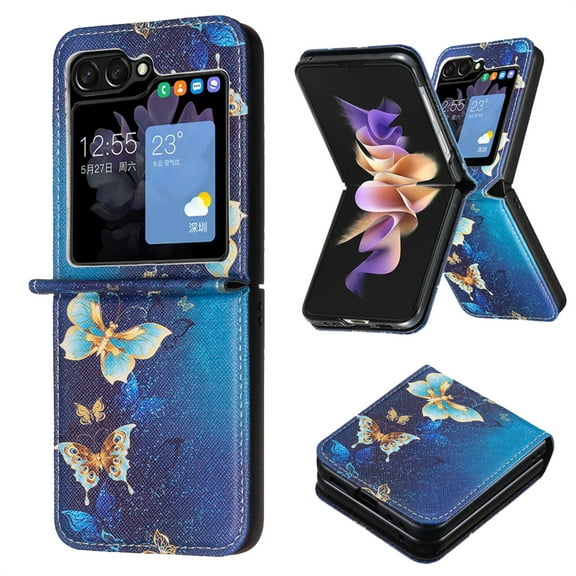 TECH CIRCLE Cute Cartoon Case for Galaxy Z Flip 5 2023 (6.7 Inch) - Premium PU Leather Hard Plastic Sturdy Case Slim Fit Thin Lightweight Protective Cover Shell, Blue Butterfly