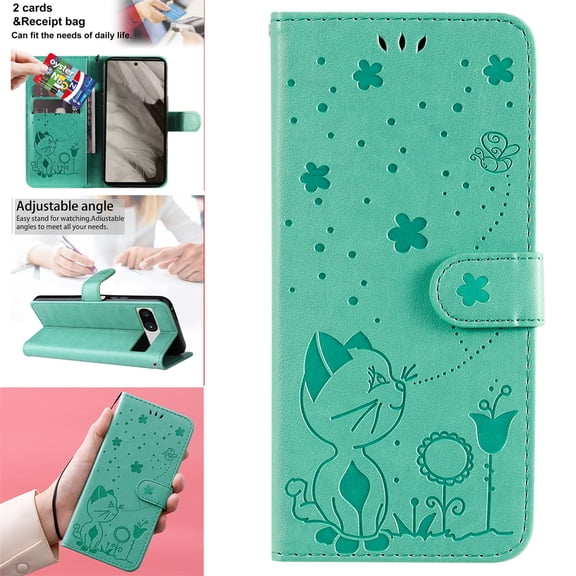 TECH CIRCLE Cute Cat Embossed Pattern Leather Wallet Phone Case for Google Pixel 8 Pro (6.7 inch),Magnetic Buckle Shockproof Flip Holder ID Credit Card Slots Cash Pocket Slim Phone Case - Green
