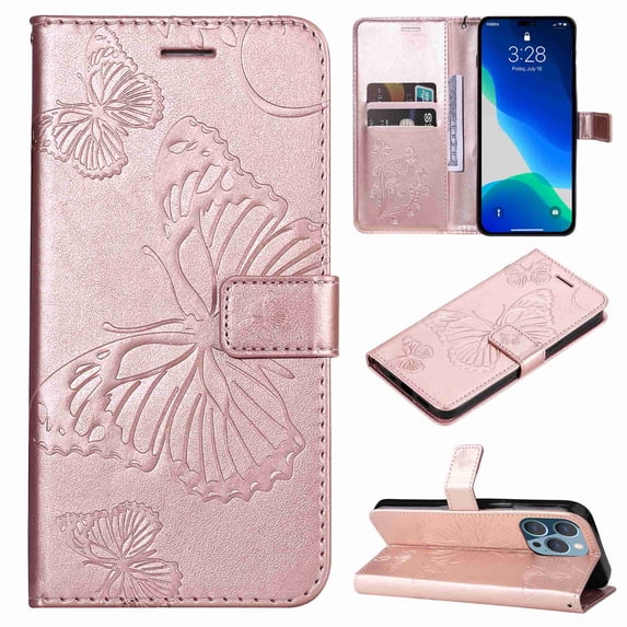 TECH CIRCLE Cute Embossed Butterfly PU Leather Phone Case for iPhone 16 Pro Max (6.9") - PU Leather Protective Lightweight Flip Wallet Case with Wrist Strap, Stand Feature, Rosegold