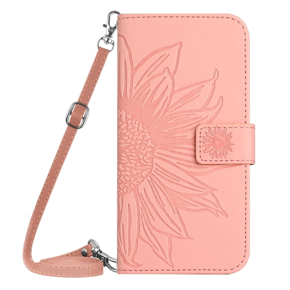 TECH CIRCLE Cute Embossed Sunflower Flip Wallet Case for Google Pixel 9a (2025 Release) 6.3" Cell Phone with Removable Shoulder Strap, 3 Card Slots, Fold Stand Case for Hands-free Viewing, Pink