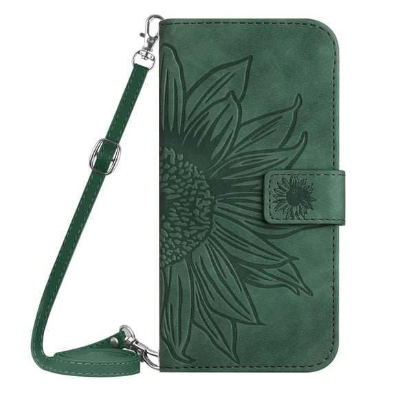 TECH CIRCLE Cute Embossed Sunflower Flip Wallet Case for Moto G 5G (2025 Release) 6.7" Cell Phone with Removable Shoulder Strap, 3 Card Slots, Fold Stand Case for Hands-free Viewing, Green