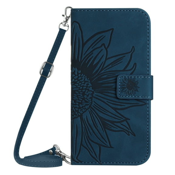 TECH CIRCLE Cute Embossed Sunflower Flip Wallet Case for Moto G 5G (2025 Release) 6.7" Cell Phone with Removable Shoulder Strap, 3 Card Slots, Fold Stand Case for Hands-free Viewing, Inkblue