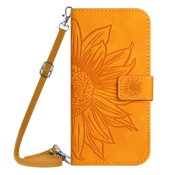 TECH CIRCLE Cute Embossed Sunflower Flip Wallet Case for Motorola Edge (2024 Release) 6.6" Cell Phone with Removable Shoulder Strap, 3 Card Slots, Fold Stand Case for Hands-free Viewing, Yellow
