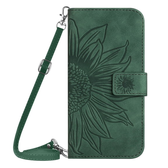 TECH CIRCLE Cute Embossed Sunflower Flip Wallet Case for Motorola Edge (2024 Release) 6.6" Cell Phone with Removable Shoulder Strap, 3 Card Slots, Fold Stand Case for Hands-free Viewing, Green