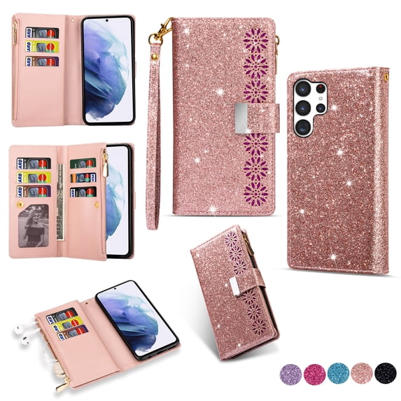 TECH CIRCLE Cute Shiny Flip Wallet Case with Wrist Strap for Galaxy S25 (2025 Release) 6.2", Built-in Stand, 9 Card Slots, Zipper Pocket, PU Leather Protective Lightweight Cover, Rosegold