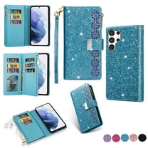 TECH CIRCLE Cute Shiny Flip Wallet Case with Wrist Strap for Galaxy S25 (2025 Release) 6.7", Built-in Stand, 9 Card Slots, Zipper Pocket, PU Leather Protective Lightweight Cover, Skyblue