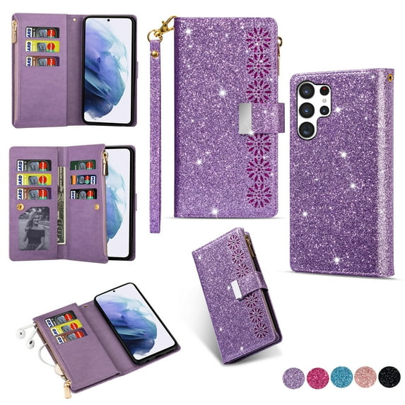 TECH CIRCLE Cute Shiny Flip Wallet Case with Wrist Strap for Galaxy S25 Ultra (2025 Release) 6.9", Built-in Stand, 9 Card Slots, Zipper Pocket, PU Leather Protective Lightweight Cover, Purple