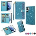 thumbnail image 1 of TECH CIRCLE Cute Shiny Flip Wallet Case with Wrist Strap for Galaxy S25 Ultra (2025 Release) 6.9", Built-in Stand, 9 Card Slots, Zipper Pocket, PU Leather Protective Lightweight Cover, Skyblue, 1 of 8