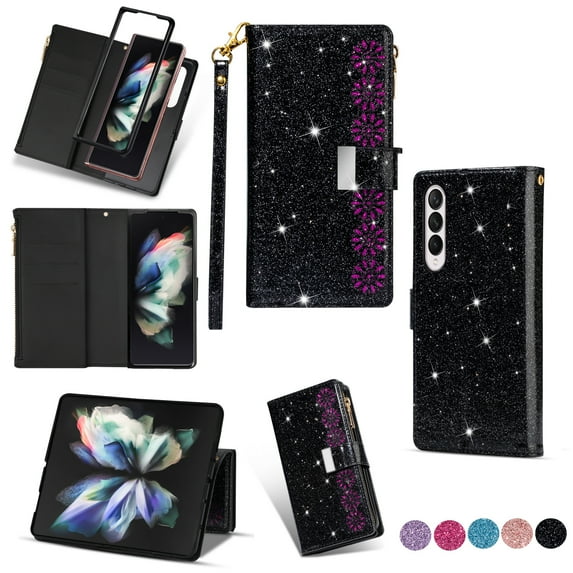 TECH CIRCLE Cute Shiny Flip Wallet Case with Wrist Strap for Galaxy Z Fold 6 (2024 Release) 7.6", Built-in Stand, 9 Card Slots, Zipper Pocket, PU Leather Protective Lightweight Cover, Black
