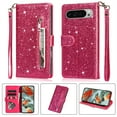thumbnail image 1 of TECH CIRCLE Cute Shiny Flip Wallet Case with Wrist Strap for Pixel 8A (2024 Release) 6.1", Built-in Stand, 9 Card Slots, Zipper Pocket, PU Leather Protective Lightweight Cover, Rose, 1 of 5