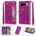thumbnail image 1 of TECH CIRCLE Cute Shiny Flip Wallet Case with Wrist Strap for Pixel 8A (2024 Release) 6.1", Built-in Stand, 9 Card Slots, Zipper Pocket, PU Leather Protective Lightweight Cover, Purple, 1 of 6
