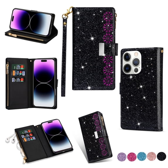 TECH CIRCLE Cute Shiny Flip Wallet Case with Wrist Strap for iPhone 16 (2024 Release) 6.1", Built-in Stand, 9 Card Slots, Zipper Pocket, PU Leather Protective Lightweight Cover, Black