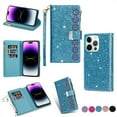 thumbnail image 1 of TECH CIRCLE Cute Shiny Flip Wallet Case with Wrist Strap for iPhone 16 Pro (2024 Release) 6.3", Built-in Stand, 9 Card Slots, Zipper Pocket, PU Leather Protective Lightweight Cover, Skyblue, 1 of 8